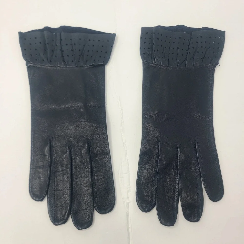 Vtg ROECKL Black Soft Leather Gloves 7 Perforated Ruffled Wrist Luxury Coquette